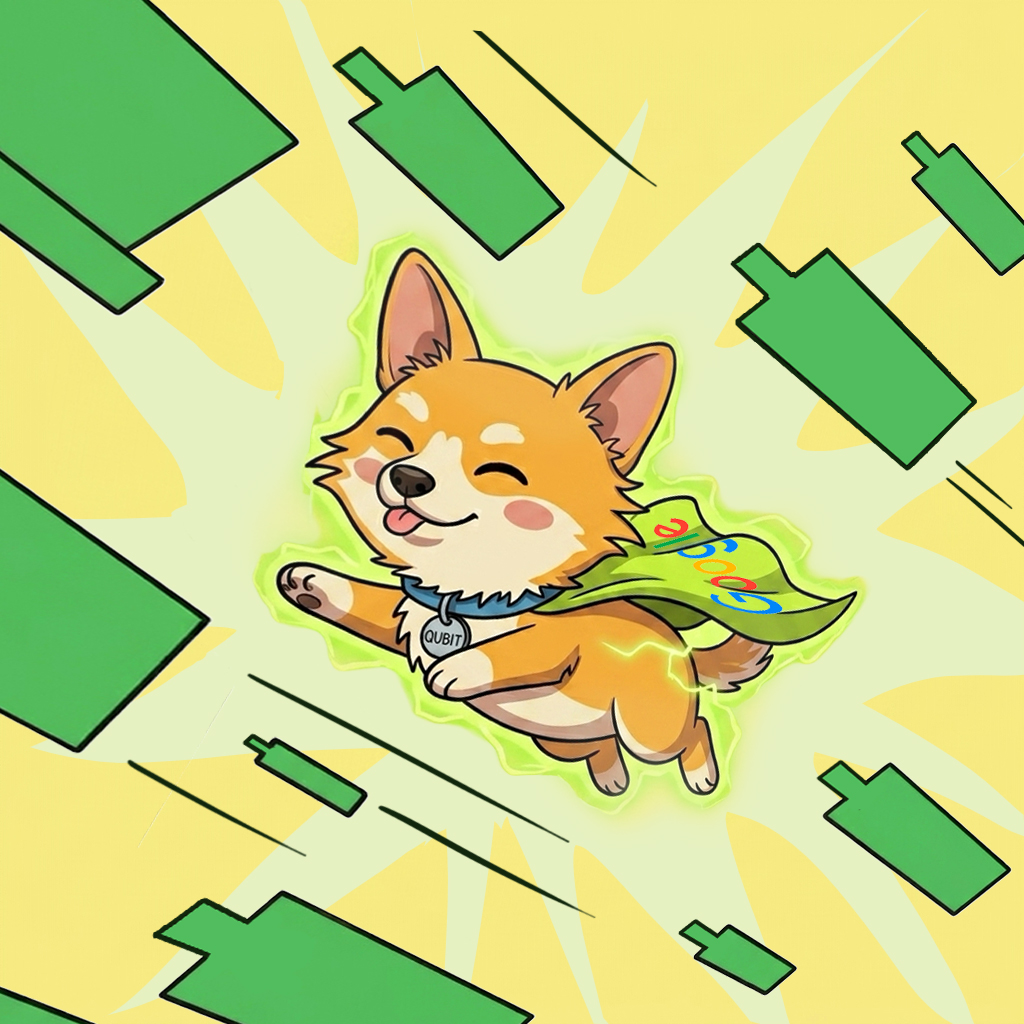Qubit flying in a Google cape through a field of green candles